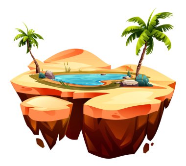 Su birikintisi ve yüzen kumlu ada arazisinde palmiye ağaçları olan vaha. Vektör çizgi film illüstrasyonu