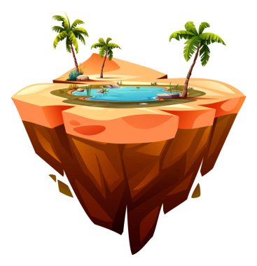 Sıcak çöl yüzen ada arazisinde palmiye ağaçları ve gölet vahası. Vektör çizgi film illüstrasyonu