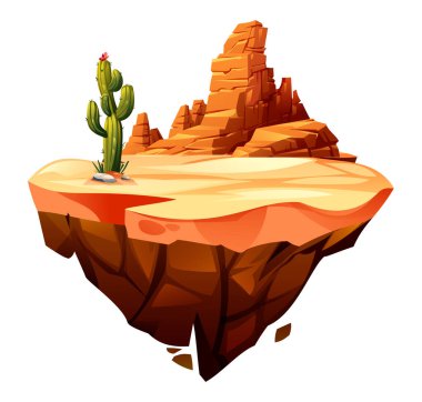 Kaktüs ve kanyon kayaları açık düz arazisi olan kuru ve yüzen bir adada. Vektör çizgi film illüstrasyonu