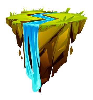 Şelalesi ve yeşil otları olan yüzen tropikal bir ada. Vektör çizgi film illüstrasyonu