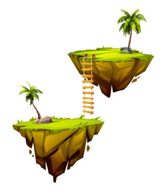 Palmiye ağaçları ve kayalarla bağlı yüzen adalar. Vektör çizgi film illüstrasyonu