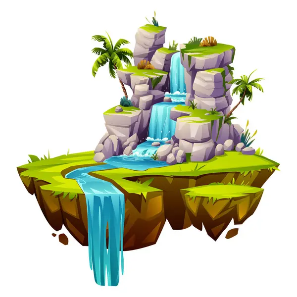 Kaya şelalesi ve palmiye ağaçları olan tropik yüzen ada. Vektör çizgi film illüstrasyonu