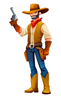 Kovboy elinde cesur bir ifadeyle tabanca tutuyor, ateş etmeye hazır. Vektör çizgi film karakteri çizimi