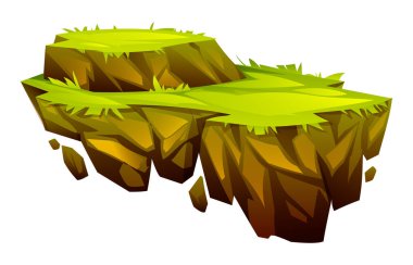 İki katmanlı çimenlik platformu ve kayalık dibi olan yüzen ada. Vektör çizgi film illüstrasyonu