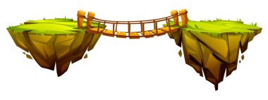 Hayal dünyasında ahşap bir köprüyle birbirine bağlı iki yüzen çimen adası. Vektör çizgi film illüstrasyonu