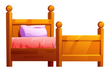 Pembe battaniyeli ve mor yastıklı geleneksel ahşap tek kişilik yatak, dinlenmeye hazır. Vektör çizgi film illüstrasyonu