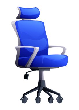 Rahatlık ve verimlilik için tasarlanmış başlıklı ve tekerlekli Ergonomik ofis koltuğu. Vektör çizgi film illüstrasyonu