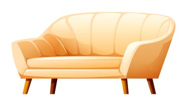 Şık bej kıvrımlı, tahta bacaklı kanepe lüks ve şık bir yaşam alanı için ideal. Vektör çizgi film illüstrasyonu