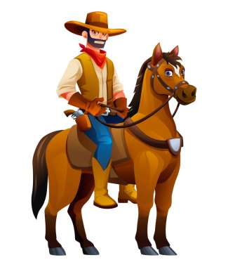 Kovboy ata biniyor, hazır ve klasik bir kovboy ortamında harekete geçmeye hazır. Vektör çizgi film illüstrasyonu