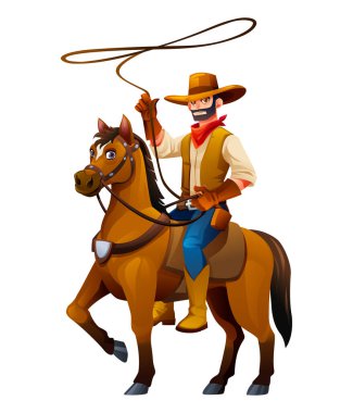 Kovboy at sırtında, kement atıyor, yeteneklerini Vahşi Batı 'da sergiliyor. Vektör çizgi film illüstrasyonu