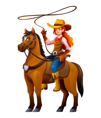 At sırtında neşeli kovboy kız, kement atmakta ustaca, Batılı yaşam tarzını benimsiyor. Vektör çizgi film illüstrasyonu