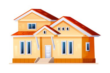 Kırmızı çatılı, sarı duvarlı, hoş geldin girişi olan samimi bir aile evi. Vektör çizgi film illüstrasyonu