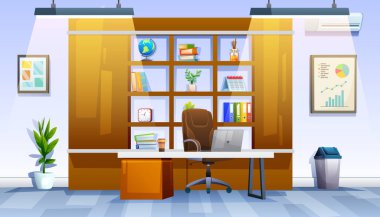 Masası, dizüstü bilgisayarı, ergonomik koltuğu ve iş için ideal büyük bir kitaplığı olan profesyonel ofis içi. Vektör çizgi film illüstrasyonu