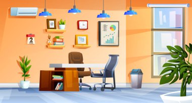 Masası, sandalyeleri ve duvarlarında çeşitli dekoratif unsurları olan parlak ve davetkar bir ofis. Vektör çizgi film illüstrasyonu