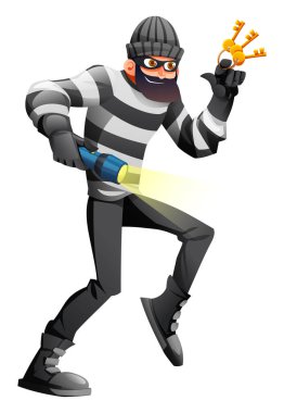 Maskeli bir hırsız, el feneri ve anahtarlı çizgili kıyafetler, suç kavramı ve kanunları çiğnemek. Vektör çizgi film karakteri çizimi