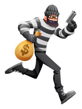 Maskeli ve çizgili elbiseli bir soyguncu silah ve para dolu bir çantayla koşuyor. Vektör çizgi film karakteri çizimi