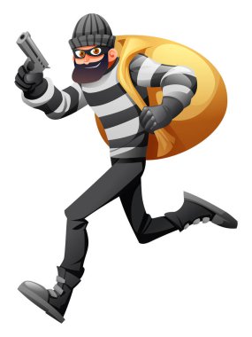 Maskeli ve çizgili elbiseli bir soyguncu silahla ve büyük bir çuvalla koşuyor. Vektör çizgi film karakteri çizimi