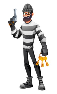 Maskeli ve çizgili elbiseli bir soyguncu silah ve anahtar tutuyor. Vektör çizgi film illüstrasyonu