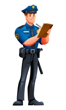 Polis memuru panoya yazı yazıyor, bilgileri belgeliyor ya da celp kağıdı yayınlıyor. Vektör çizgi film karakteri çizimi