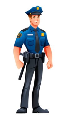 Polis memuru, üniforması ve rozeti ile güvenle ayakta duruyor. Vektör çizgi film karakteri çizimi