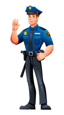 Polis memuru ayakta duruyor ve el sallıyor, cana yakın ve cana yakın bir tavır sergiliyor. Vektör çizgi film karakteri çizimi