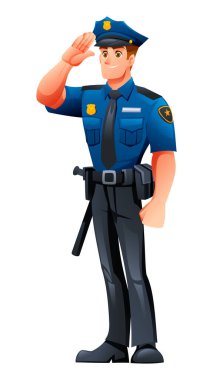 Polis memuru ayakta duruyor ve selamlıyor, görevlerinde saygı ve profesyonellik gösteriyor. Vektör çizgi film karakteri çizimi