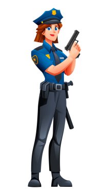 Kadın polis memuru silahını dik bir pozisyonda tutuyor ve göreve hazır olduğunu gösteriyor. Vektör çizgi film karakteri çizimi
