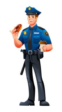 Polis memuru mutlu bir ifadeyle çörek ve kahvenin tadını çıkarıyor. Vektör çizgi film karakteri çizimi