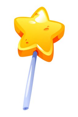 Çubukta parlak sarı yıldız şekilli lolipop, çocuklar için neşeli ve tatlı bir ikram. Vektör çizgi film illüstrasyonu