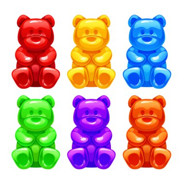 Kırmızı, sarı, mavi, yeşil, mor ve turuncu renkli altı canlı jelibon ayı. Vektör çizgi film illüstrasyonu