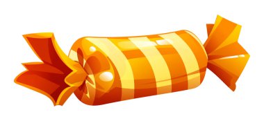 Çarpık bir ambalajda turuncu ve sarı çizgili şeker, canlı ve neşeli tatlı bir zevk. Vektör çizgi film illüstrasyonu