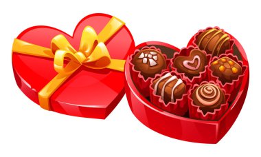 Altın kurdeleli çeşitli çikolatalardan oluşan kalp şeklinde kırmızı bir kutu aç. Sevdiklerimiz için mükemmel romantik bir hediye. Vektör çizgi film illüstrasyonu