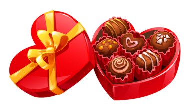 Kalp şeklinde kırmızı kutu, çeşitli çikolatalar, altın kurdeleyle açılır. Sevgi ve sevgiyi ifade etmek için ideal. Vektör çizgi film illüstrasyonu