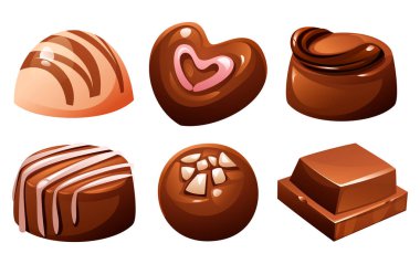 Yuvarlak, kalp, girdap ve çizgili tasarımlar da dahil olmak üzere çeşitli bireysel çikolatalar. Enfes bir şekerleme çeşidi. Vektör çizgi film illüstrasyonu