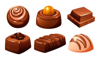 Çeşitli özel gurme çikolataların koleksiyonu, farklı şekiller ve malzemeler sergileniyor. Çökmüş ve lezzetli ikramlar. Vektör çizgi film illüstrasyonu
