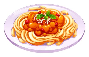 Klasik bolonez soslu leziz İtalyan spagettisi ve taze fesleğen. Vektör çizgi film illüstrasyonu