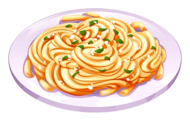 Zeytinyağlı spagetti makarna, rendelenmiş peynir ve tabakta taze otlar. Vektör çizgi film illüstrasyonu