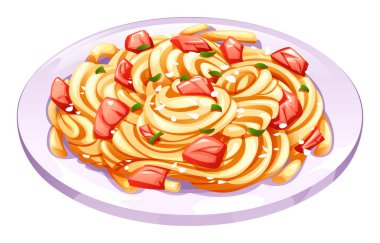 Tabakta taze et ve otlarla birlikte spagetti carbonara. Vektör çizgi film illüstrasyonu