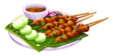 Fıstık soslu, salatalıklı ve muz yaprağında soğanlı Endonezya tavuğu. Vektör çizgi film illüstrasyonu