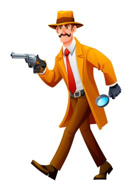 Elinde silah ve büyüteçle soruşturmaya hazır klasik kıyafetli yürüyen bir dedektif. Vektör çizgi film karakteri çizimi