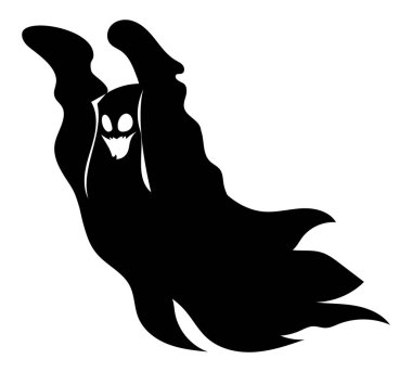 Şeytani bir sırıtışı olan ürkütücü bir hayaletin siyah silueti. Cadılar Bayramı tasarımları ve parti davetiyeleri için harika. Vektör çizgi film illüstrasyonu