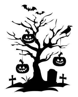 Kargalı ölü ağaç silueti, Cadılar Bayramı gecesi balkabağı, yarasa ve mezar taşı asıyor. Vektör çizgi film illüstrasyonu