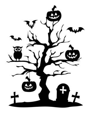 Cadılar Bayramı ölü ağaç silueti, balkabakları, mezar taşları, yarasalar ve dalda oturan bir baykuş. Vektör çizgi film illüstrasyonu