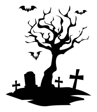 Ölü ağaç siluetinin silueti. Mezar taşları ve uçan yarasalarla. Vektör çizgi film illüstrasyonu