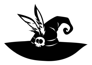 Kafatası ve tüy siluetiyle cadılar bayramı cadı şapkası. Vektör çizgi film illüstrasyonu