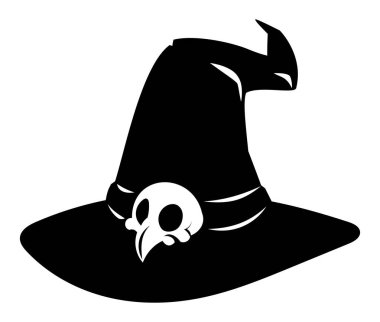 Ön siluetinde kuş kafatası olan cadılar bayramı cadı şapkası. Cadılar Bayramı ve sonbahar tasarımları için ideal. Vektör çizgi film illüstrasyonu