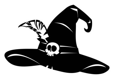 Kafatası ve tüy siluetiyle cadılar bayramı cadı şapkası. Cadılar Bayramı dekorasyonu ve tasarımları için harika. Vektör çizgi film illüstrasyonu