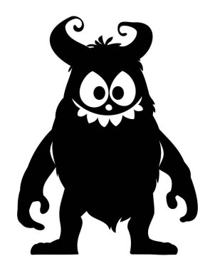 Kıvırcık boynuzları ve geniş gözlü sevimli çizgi film karakteri. Keskin dişli komik tüylü yaratık. Vektör çizgi film illüstrasyonu