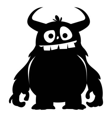 Boynuzları ve büyük gözleri olan sevimli bir çizgi film karakteri. Büyük dişli komik tüylü yaratık. Vektör çizgi film illüstrasyonu