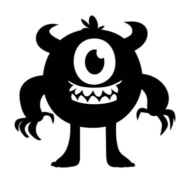 Boynuzları ve büyük bir göz silueti olan sevimli bir çizgi film karakteri. Keskin dişli komik tüylü yaratık. Vektör çizgi film illüstrasyonu